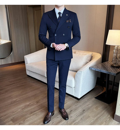 (Jackets+Pants) Luxury Double Breasted Design Slim Fit Suit High Quality Fashion Men's Wedding Social Suit Tuxedo 2 Piece Set