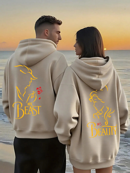 Romantic Theme Beauty and the Beast Couple Hoodies Men'S Women'S Separate Styles Pullover Casual Loose Fit Sweatshirt Hoodie Y2K