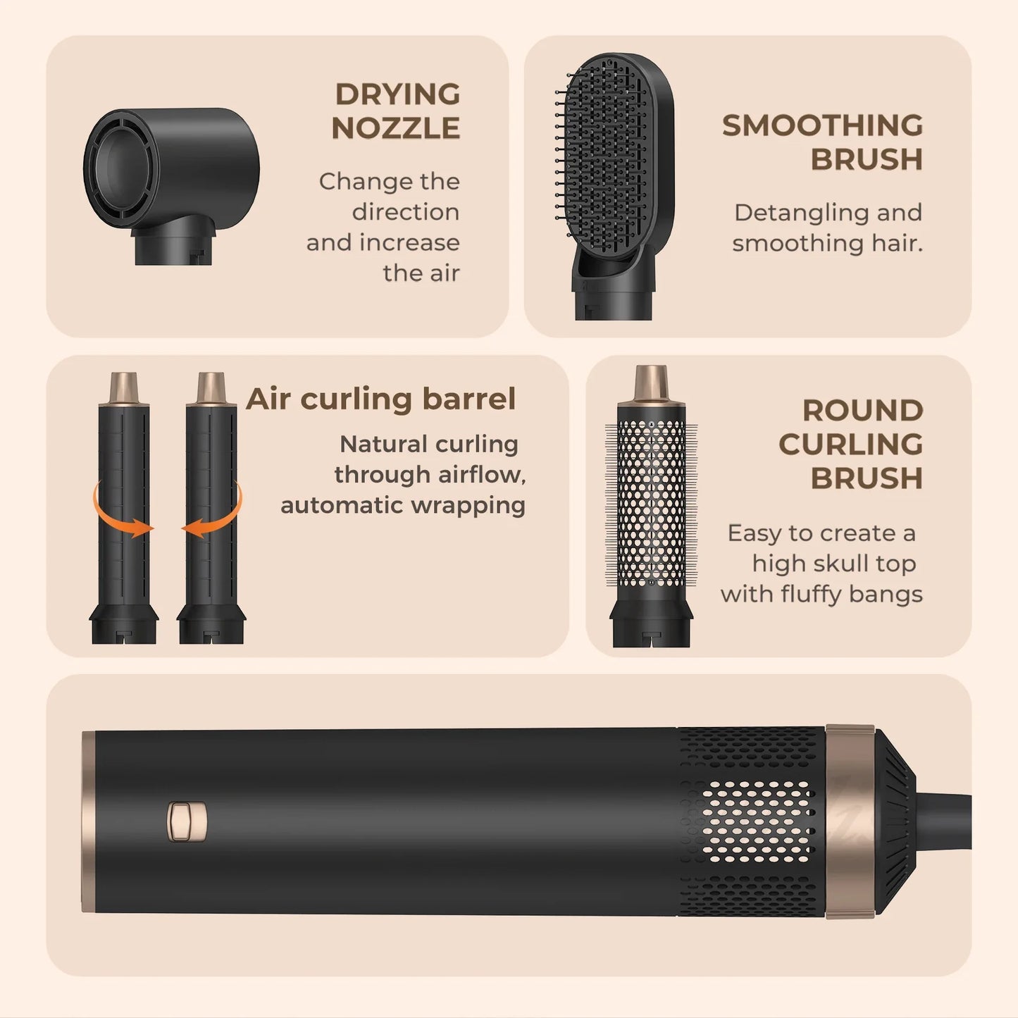 5 in 1 Blow Dryer Brush, Hair Dryer Brush Air Curler Air Curling Wrap Styler, Hot Air Brush Negative Ion Curler