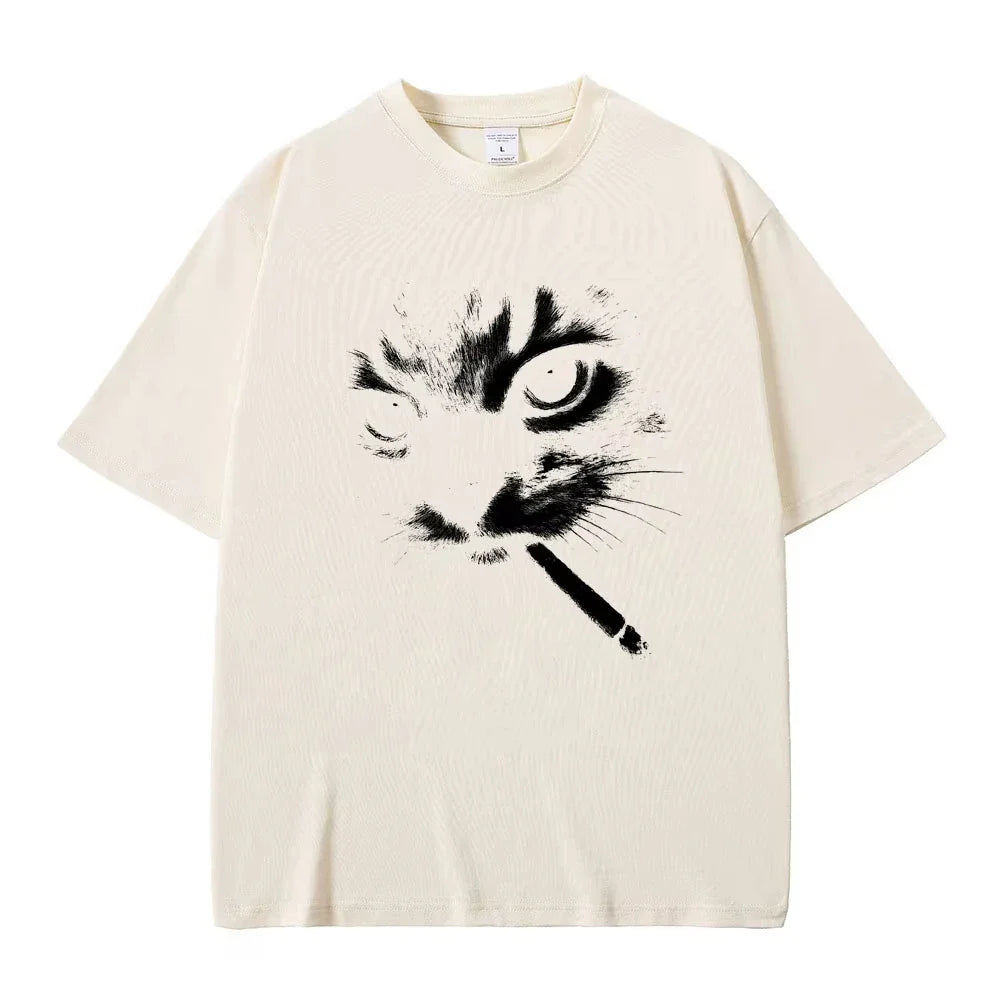 Funny Meme Smoking Cat Face Graphic T-shirts Men Women Casual Cotton Vintage T Shirts Men's Oversized T-shirts Cats Lovers Gifts