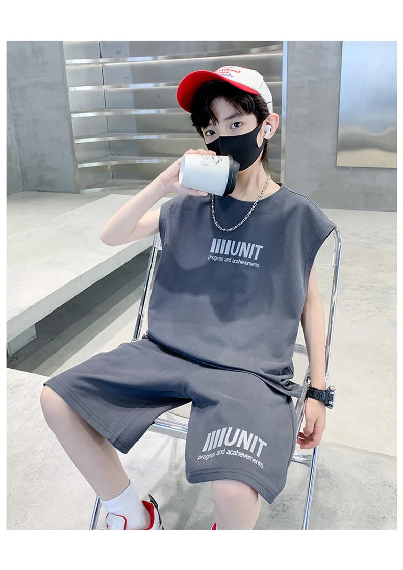 Big Child Cotton Summer Suit for Teens Boy Wing Print Cotton Tshirt + Shorts 2PCS Clothing Set Kids Adult Fashion Street Outfit
