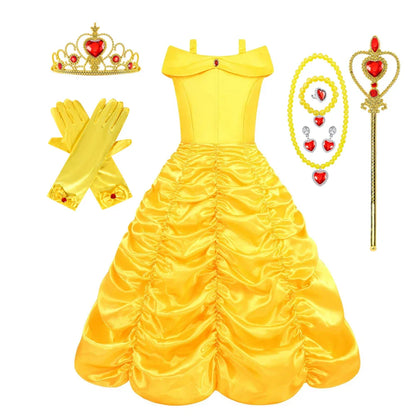 Fantasia Bela Adormecida Menina Vestido Amarelo Halloween A Bela e a Fera Fantasias Festa de Aniversário Meninas Roupas Infantis Vestido de Baile