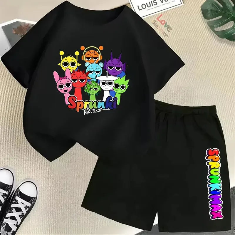 Set of 2 Pieces of T-Shirt and Shorts Sprunki for Kids, Anime Design, Pants Suit for Boys and Girls, Kawaii Summer Outfits
