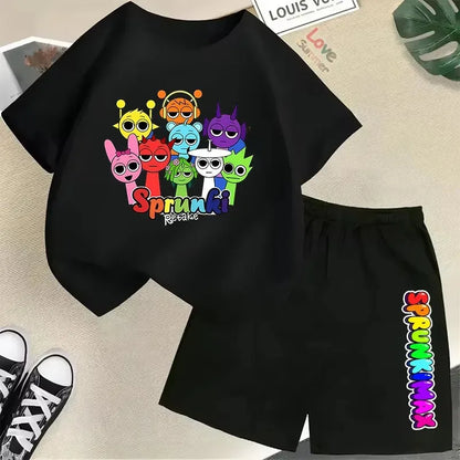 Set of 2 Pieces of T-Shirt and Shorts Sprunki for Kids, Anime Design, Pants Suit for Boys and Girls, Kawaii Summer Outfits