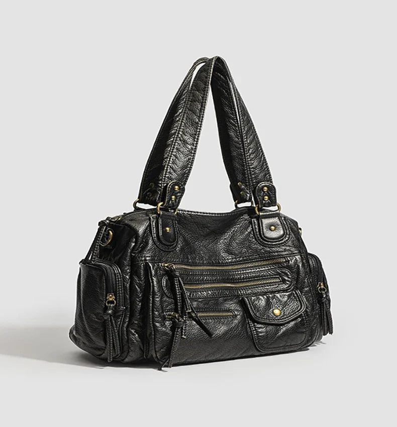 Y2K Hot Women's Punk Biker Tote Bag Large Capacity PU Leather Crossbody Purse with Multi Pockets for Work Commute Moto Style