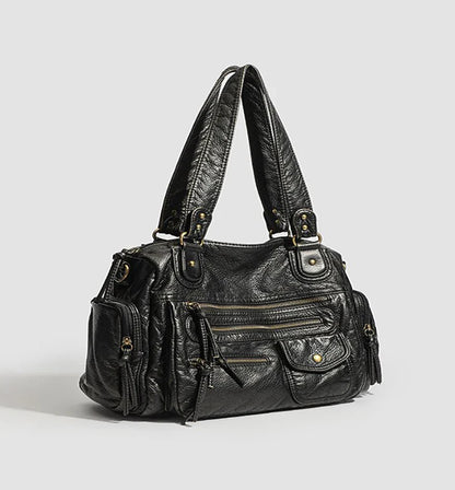 Y2K Hot Women's Punk Biker Tote Bag Large Capacity PU Leather Crossbody Purse with Multi Pockets for Work Commute Moto Style