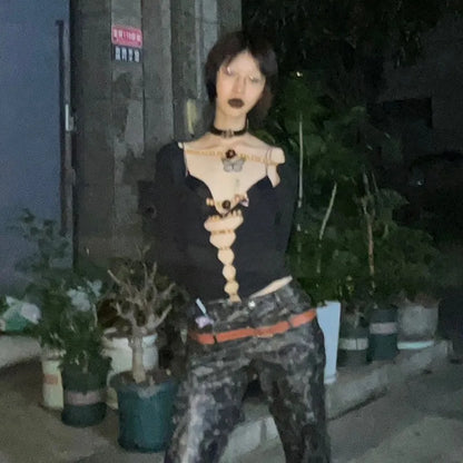 Japanese Y2k Hollow Out Tops Vintage Harajuku Beaded T Shirt 2000s Aesthetics Long Sleeve Slim T-shirts American Retro