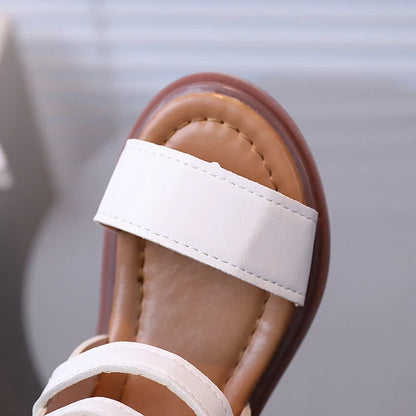 Little Girl's Sandals Gladiator Style Black White Children Sliders Flat Pu Leather Fashion Hook-loop Kids Summer Shoes 21-30