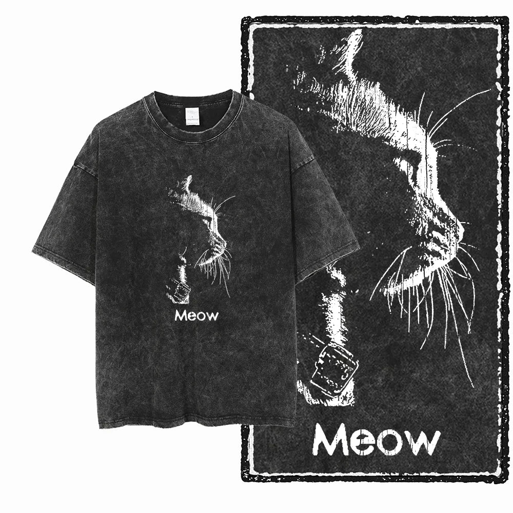 cat Printed Cotton Acid Washed Exclusive Graphic Unisex T Shirt Cool Streetwear Men Tshirts Big Size Tee for men