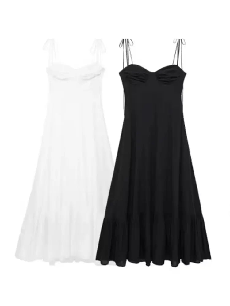 Summer New Woman Dress Spaghetti Strap Sleeveless Backless Lace-Up Zipper Pleats Sweet Beach Style Female Long Dresses