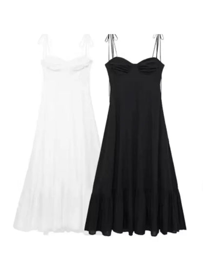 Summer New Woman Dress Spaghetti Strap Sleeveless Backless Lace-Up Zipper Pleats Sweet Beach Style Female Long Dresses