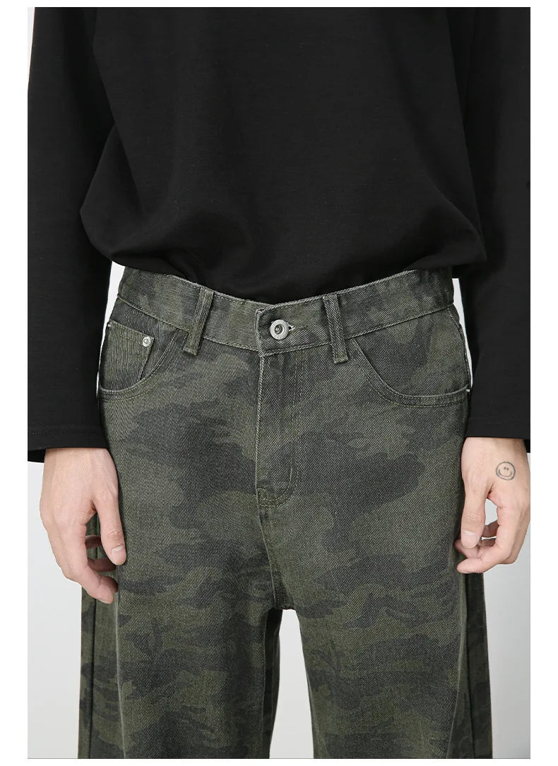 Tide Camouflage Jeans Men's Ins Loose Straight Wide Leg Casual Denim Pants Loose Male Trousers 12C2036