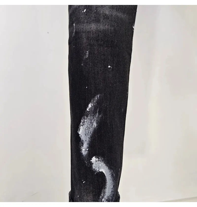 Street fashion men's black gray jeans, high-quality stretch slim fit painted corrugated jeans designer retro hip-hop brand pants