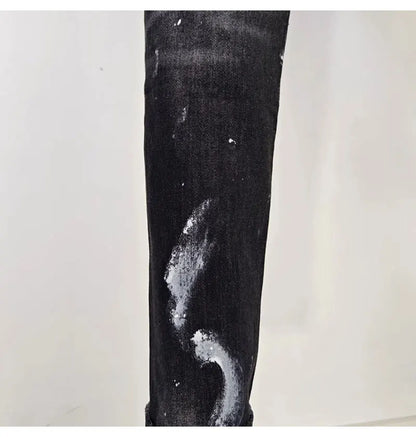 Street fashion men's black gray jeans, high-quality stretch slim fit painted corrugated jeans designer retro hip-hop brand pants