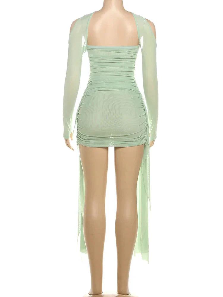 Mesh Simple Women Mini Dress Fashion Solid Strapless Ribbons Tassel Body-shaping Vestidos+Seperately Full Sleeve Gloves