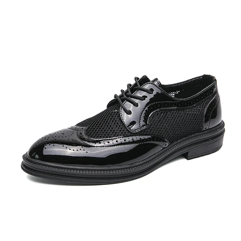 Fashion Derby Leather Men Shoes Summer Breathable White Brogue Lace Up Solid Dress Shoes Business Casual Party Wedding Shoes Men