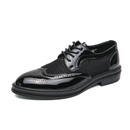 Fashion Derby Leather Men Shoes Summer Breathable White Brogue Lace Up Solid Dress Shoes Business Casual Party Wedding Shoes Men