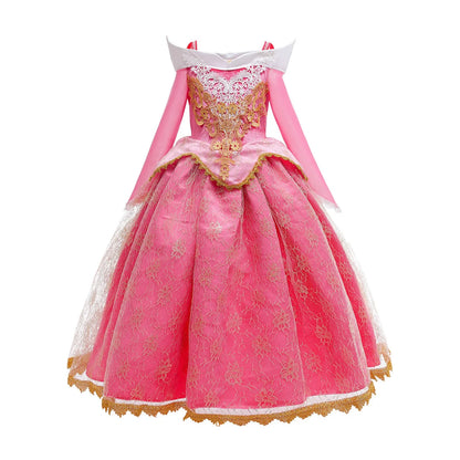 Sleeping Beauty Aurora Princess Dress Girl Cosplay Off Shoulder Kids Gifts Fancy Party Girl Baby Fine Lace Dress Set