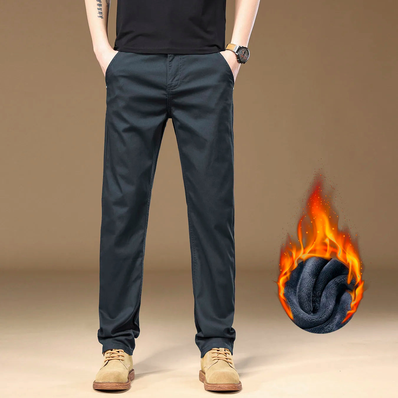 3 Colors Men's Fleece Casual Pants 97% Cotton Warm Velvet Elasticity Business Trousers Straight Fashion Korean Thicken Pants