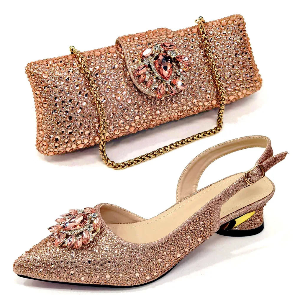 Elegant And Sexy Champagne Color High Heels Shoes And Bag With Rhinestone Embellished Toe Is Comfortable Women's Shoes For Party