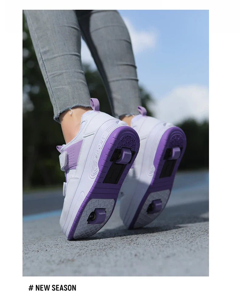 Autumn 2025 Kids Walking Shoes Detachable Double Wheel Roller Skates Boy Leather Student Shoe Four Wheeled Children Shoes Girl