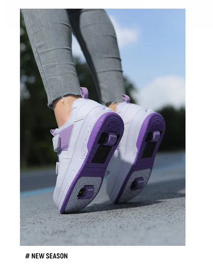 Autumn 2025 Kids Walking Shoes Detachable Double Wheel Roller Skates Boy Leather Student Shoe Four Wheeled Children Shoes Girl