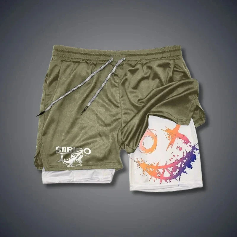 2024 Men's Smiling Face Printed Fitness Shorts Double-Layer 2-in-1 Quick Drying Fitness Outdoor Leisure Training Sports Shorts