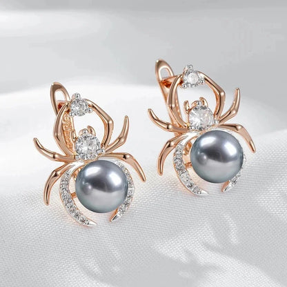 Hot Gray Pearl Animal jewelry Set for Women Spider Earrings Necklace and Ring 585 Rose Gold Silver Color Mix Retro Jewelry