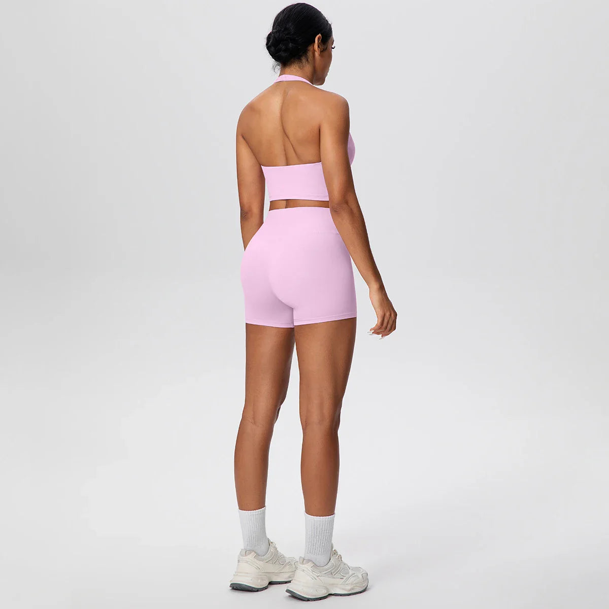 2picese Women Yoga Suit Solid Color High Waist Hip Push Up Fitness Shorts Sexy Pilates Backless Gym Hanging Neck Bra Yoga Set