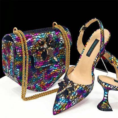 Champagne Color Thin Heels Pointed Toe Crystal Design Ladies Shoes Matching Bag Set For Women Weeding Party Pump