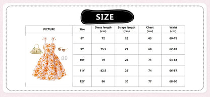 Girls 8-12 Orange Floral Summer Casual Dress, Front Spaghetti Strap Bow Decor Ruched Waist & Tiered Skirt, Daily Kids Outfit