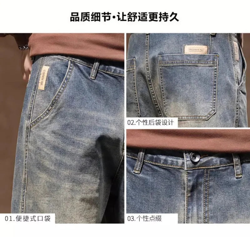 Calça Jeans Masculina Primavera Vintage Elástica Casual Longa Calça Reta Slim Algodão Poliéster Lavada para Adolescentes
