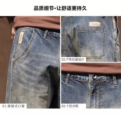 Calça Jeans Masculina Primavera Vintage Elástica Casual Longa Calça Reta Slim Algodão Poliéster Lavada para Adolescentes