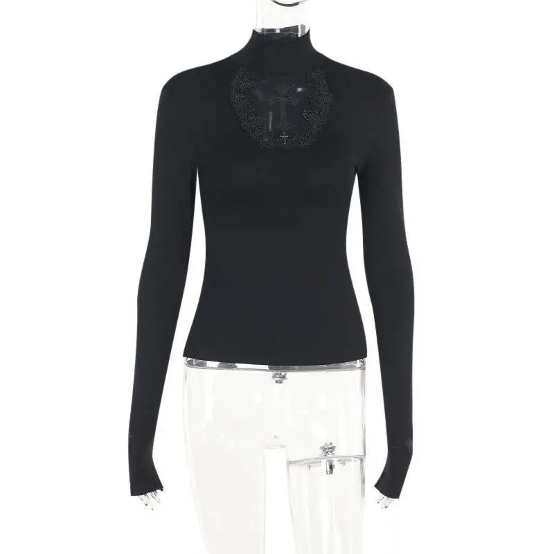 Blusa Gola Alta Y2k Roupa Gótica Preta Cruz Vazada Blusa Fina Camisa Base Feminina Manga Comprida Camiseta Sexy Blusas para Meninas