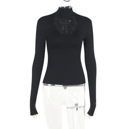 Blusa Gola Alta Y2k Roupa Gótica Preta Cruz Vazada Blusa Fina Camisa Base Feminina Manga Comprida Camiseta Sexy Blusas para Meninas
