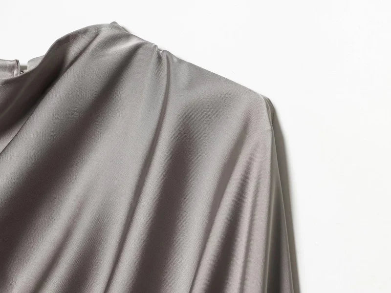 2026 Spring new women's elegant fashion shawl design satin drape top asymmetric wrinkled long-sleeved shirt