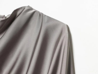 2026 Spring new women's elegant fashion shawl design satin drape top asymmetric wrinkled long-sleeved shirt