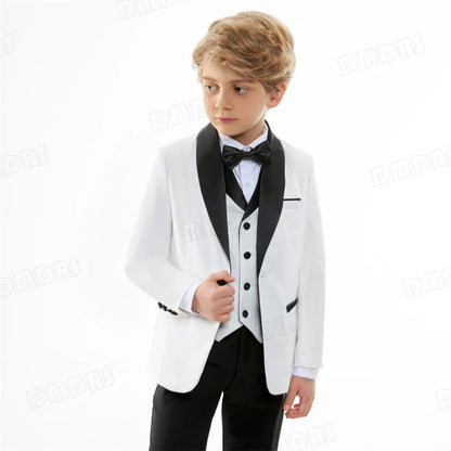 24H Ship White Formal Kids Suit Set, 4 Pieces Suits For Boys From 3-14 Years, Wedding Tuxedo For Kids Ring Bear