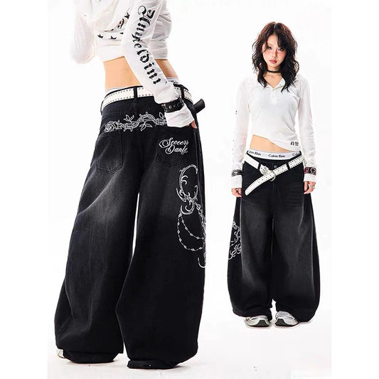 Women Vintage Embroidery Y2K Baggy Jeans Female High Waist 2000s Wide Leg Denim Pants American Retro Harajuku Trouser