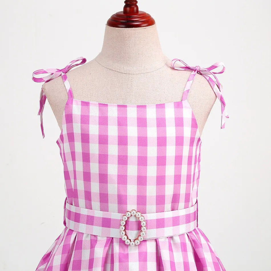 2025 Summer Beach Baby Girl Pink Cute Sleeveless Plaid Slim Strap Dress For Girl Cowboy Look Stripe Dress Set With Belt
