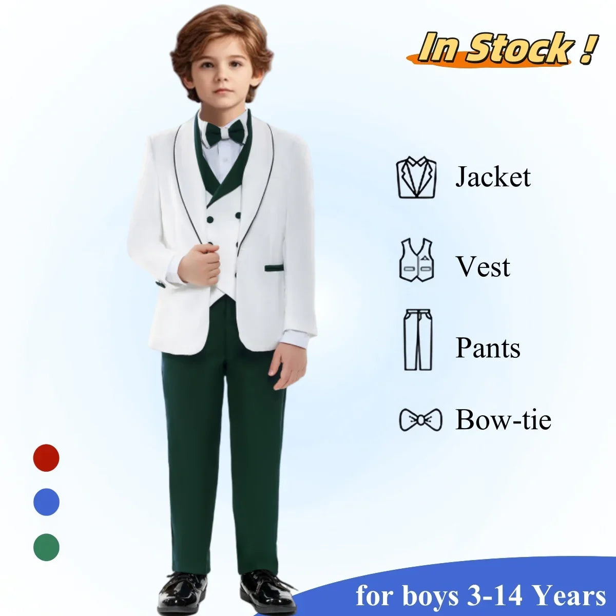 4 Pieces Boys Suit Set Vest Included - Toddler to Teen Tuxedo Sets - Christening Suits Adjustable Waist Boys Suit 3-14 Years