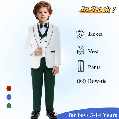 4 Pieces Boys Suit Set Vest Included - Toddler to Teen Tuxedo Sets - Christening Suits Adjustable Waist Boys Suit 3-14 Years