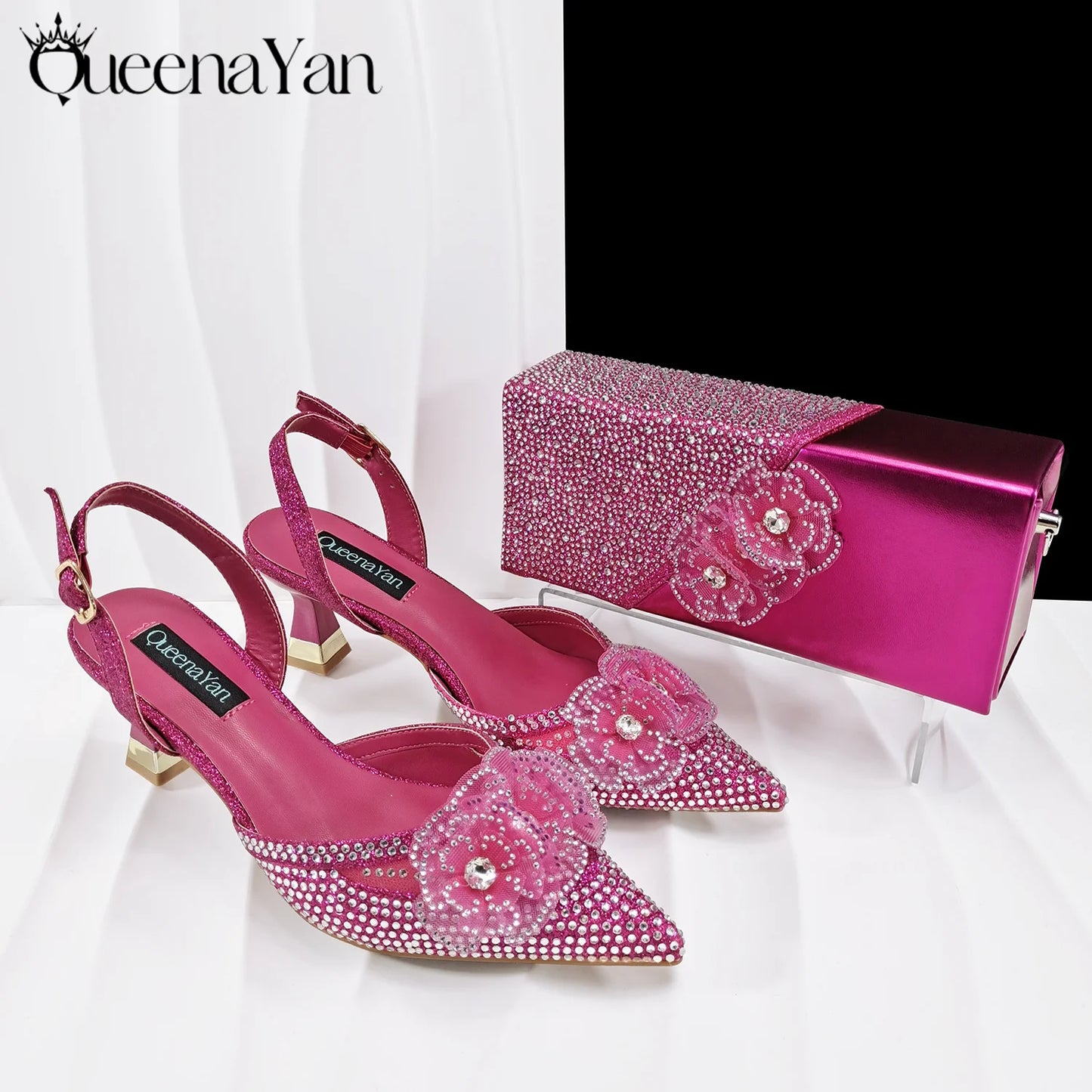 African-Inspired Evening Shoes and Handmade Clutch Set Pointed Toe High-Heel Women's Footwear and Matching Bag