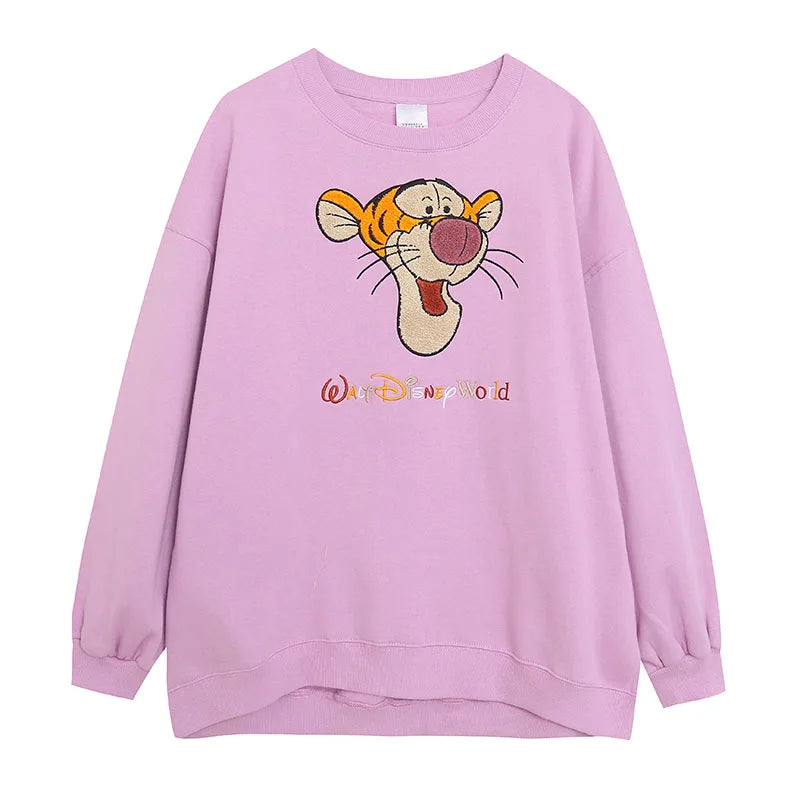 Embroidery Sweatshirt Women Casual Fleece Jumper Tigger Cheshire Cat Cartoon Loose Pullover Top O Neck