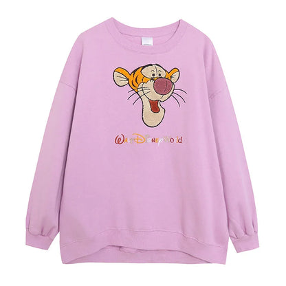 Embroidery Sweatshirt Women Casual Fleece Jumper Tigger Cheshire Cat Cartoon Loose Pullover Top O Neck