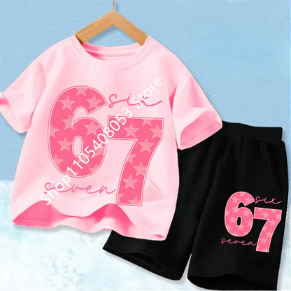 New 67 Number Six Seven Print Kids Cool Summer T-shirt 3-12Yrs Clothes Cartoon Short-sleeved+Shorts Boys Girls Sports Casual Set
