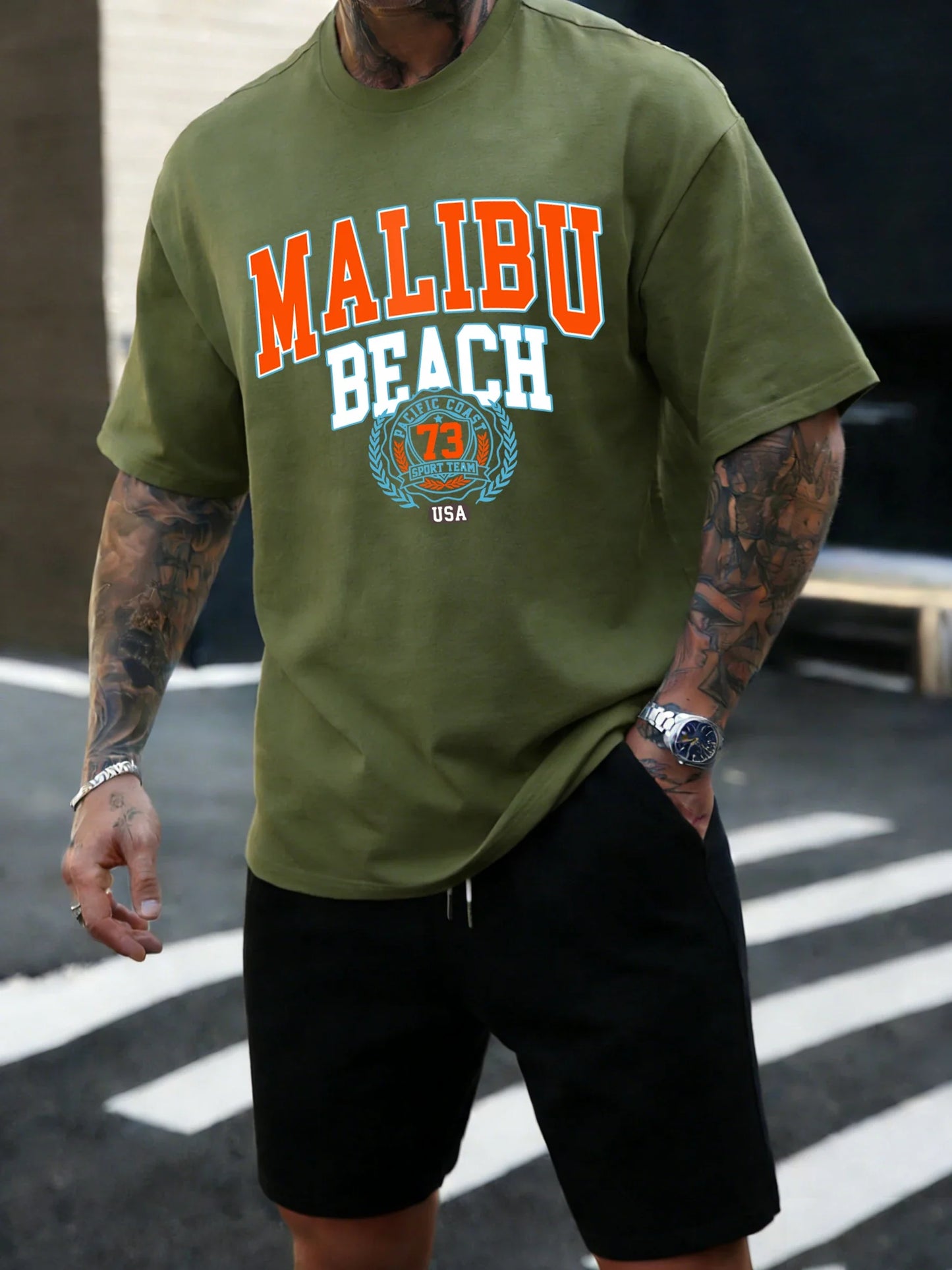 Malibu Beach 73 Usa Printing T-Shirt Mens Cotton T Shirts O-Neck Summer Basics Clothes Casual Trendy All-Match Short Sleeve