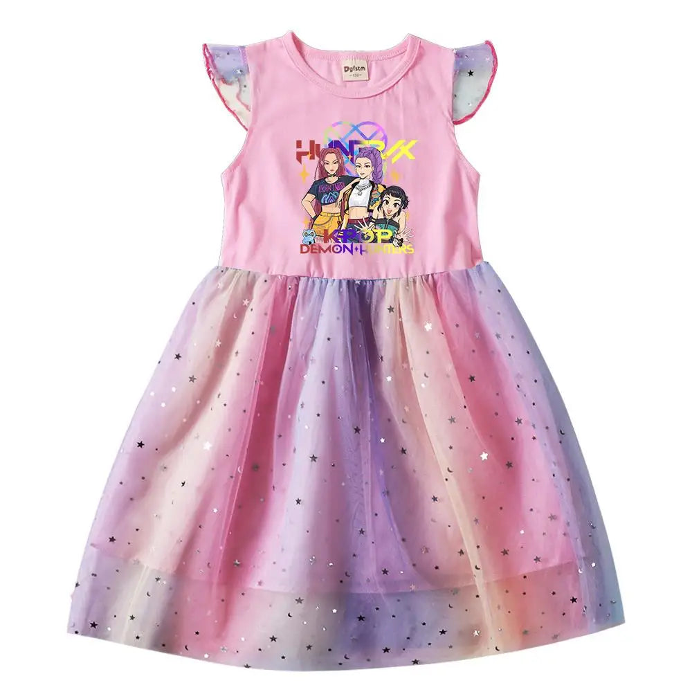 Baby Girls Dress Children Cartoon Mesh Star Sequins Princess Dress Kids Flying Sleeve Skirt For Birthday Gift