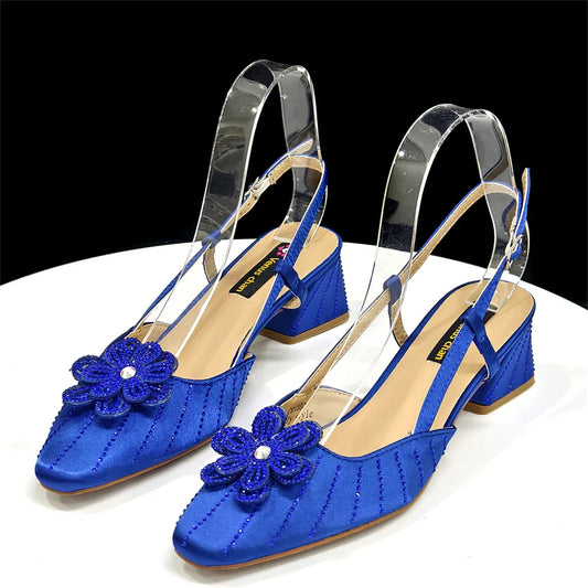 Elegant Italian Women's Blue Color Rhinestone Heels with Floral Design & Matching Clutch Bag Set - Perfect for Parties