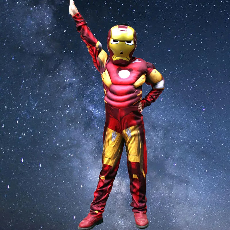 Kids Yellow Iron Man Costume Superhero Muscle Suit with Mask Role Play Costume for Halloween Christmas Party Performance